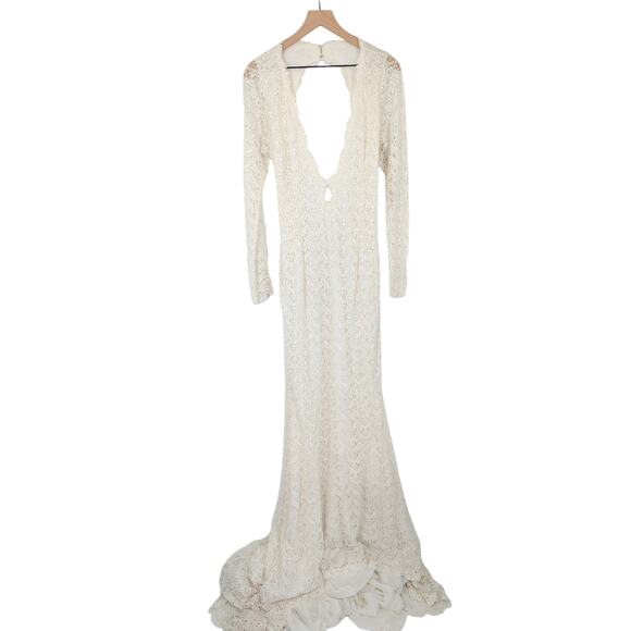 Daughters of Simone Recy Lace Wedding Dress Open Back Long Sleeve Gown Large - Picture 3 of 6